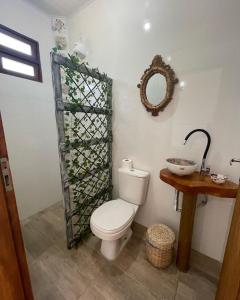 a bathroom with a toilet and a sink and a mirror at Vila Marés in São Cristóvão