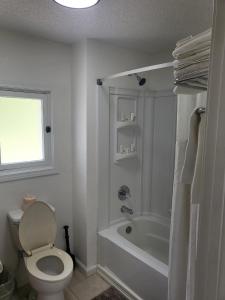 uma casa de banho branca com um WC e uma banheira em Pinetree Inn em Parsons