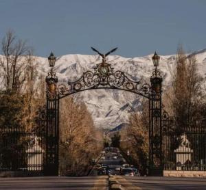 una puerta ornamentada con una montaña en el fondo en Monoambiente excelente ubicación no mascotas en Mendoza