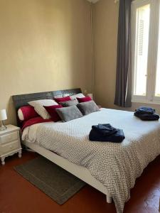 um quarto com uma cama com almofadas e uma janela em Appt 35 m² dans maison de charme em Mèze