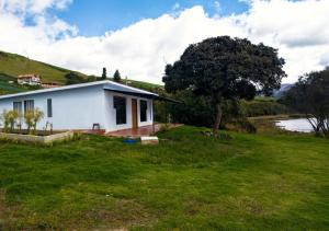 une maison blanche dans un champ avec un arbre dans l'établissement Finca La Piedra, à Aquitania