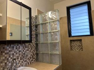 a bathroom with a shower with a sink and a mirror at Xochimilco Apartment in Oaxaca City