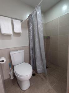 ein Bad mit einem WC und einem Duschvorhang in der Unterkunft Simple and elegant 1 bed condo in Cebu city in Cebu City