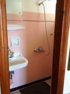 a small bathroom with a sink and a shower at Kythereia Hotel in Agia Pelagia