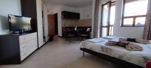 um quarto com uma cama, uma televisão e uma mesa em Pearl Apartments Sozopol em Sozopol