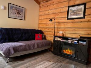 a living room with a couch and a fireplace at Oma's and Opa's Northern Lights Viewing Cabin in Whitehorse