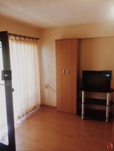 een woonkamer met een televisie en een kast bij Lake apartments in Struga