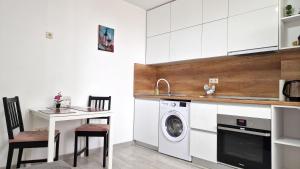 a kitchen with a sink and a washing machine at Lola seaview guest house. Уютный Домик в Варне in Varna City
