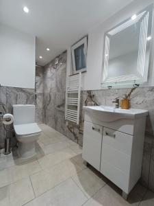 a bathroom with a white sink and a toilet at Carefree Apartments in Ulcinj