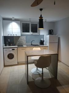 a kitchen with a table and a washing machine at Carefree Apartments in Ulcinj