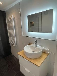 a bathroom with a white sink and a mirror at Büschem Wohlfühlparadies in Lindlar