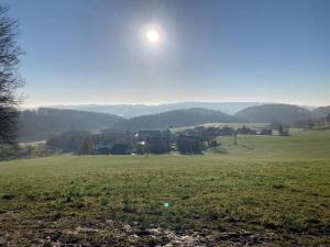 a green field with the sun in the sky at Büschem Wohlfühlparadies in Lindlar