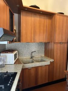 a kitchen with wooden cabinets and a sink and a microwave at Annemary Maison in Rome
