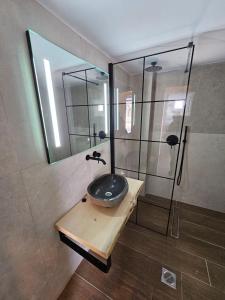 een badkamer met een wastafel en een glazen douche bij Meliti in Lixouri
