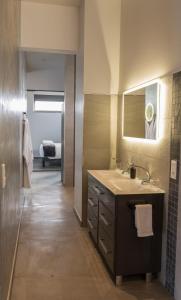 ein Bad mit einem Waschbecken und einem Spiegel in der Unterkunft L’Antre d’Eux in Rémelfing