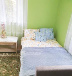 a bed in a room with a green wall at Domek u Czesi in Podbiele +22 photos