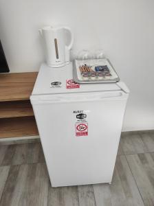 um frigorífico branco com comodidades para preparar café em cima em Rio rooms em Băile Herculane