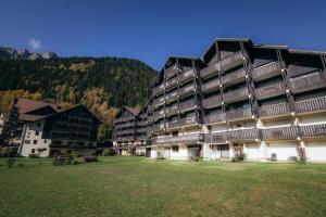 un grand bâtiment avec une pelouse devant lui dans l'établissement Bel appartement entier en style Chalet à Chamonix, à Chamonix-Mont-Blanc