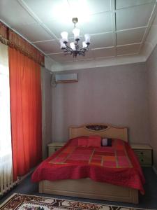 1 dormitorio con 1 cama con manta roja en Family house, en Tashkent