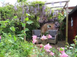 皮滕Veluwe Park Reewold Chalet Infinity的花园设有两把椅子和种有紫色花卉的凉亭