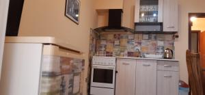 a small kitchen with a stove and a refrigerator at Family Hotel California - Varna in Varna City