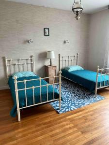 2 camas individuales en una habitación con suelo en Maison de la petite fourmy, en Saint-Sulpice-les-Feuilles