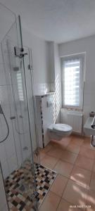 a bathroom with a glass shower and a toilet at Ferienwohnung Groitzsch in Groitzsch