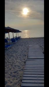- un groupe de chaises longues et de parasols sur une plage dans l'établissement Marco's Appartments, à Potidée