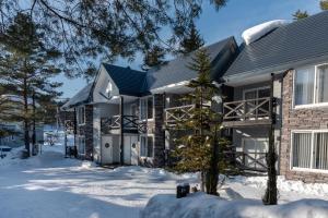 a house in the snow with a tree in the yard at Furano Lofts & Chalet in Furano +7 photos