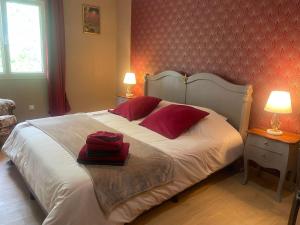 a bedroom with a large bed with two red pillows at L'étape Marceline - Chambre D'hôtes in Saint-Marceau