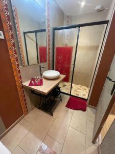 a bathroom with a sink and a shower at L'étape Marceline - Chambre D'hôtes in Saint-Marceau