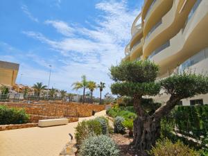a tree in a garden next to a building at Happy Place Apartament in Arenales del Sol