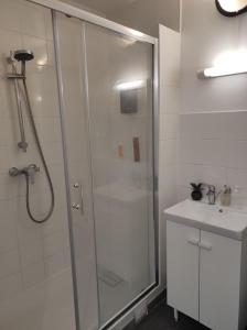 uma casa de banho com um chuveiro e um lavatório. em Paris cosy private room with shared space - Chambre privée avec espace commun Paris em Vitry-sur-Seine