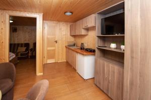 W apartamencie znajduje się kuchnia z drewnianymi ścianami i drewnianą podłogą oraz telewizor. w obiekcie Domki, pokoje u Małgosi w Sztutowie