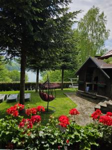 a garden with red flowers and a swing at Cabana Casuta de Ciocolata in Teşila