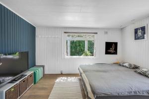 1 dormitorio con 1 cama y TV en Spacious Cottage With Scenic View en Dronningmølle