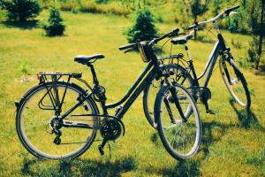 two bikes parked in the grass in a field at apartament Wigry -domek z altaną na wyłączność in Leszczewek