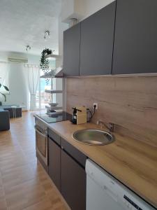 eine Küche mit einer Spüle und einer Arbeitsplatte in der Unterkunft Apartment Čiovo Radić in Trogir