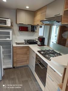 a kitchen with a stove top oven next to a sink at MOBILHOME 3 CHBRES 2 SDE 2 WC LV LL TV CLIM TOUT CONFORT in Gastes