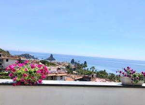 duas flores num parapeito com vista para o oceano em Belvedere Faraglioni em Aci Castello