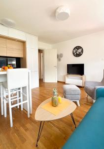 Four Views Apartments في بودفا: غرفة معيشة مع أريكة وطاولة