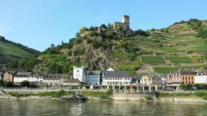 a town on the river with a castle on a hill at Penthouse im historischen Fachwerkhaus mit grosser Dachterrasse an zentralster Lage in Boppard