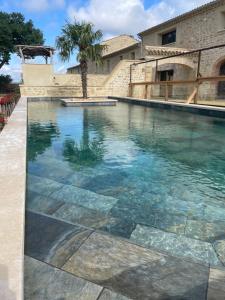 a swimming pool with a palm tree in front of a house at Mas du Couchant in Suze-la-Rousse