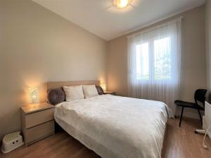 um quarto com uma cama grande e uma janela em Golden Apartman Balatonlelle em Balatonlelle