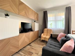 uma sala de estar com um sofá e uma televisão em Golden Apartman Balatonlelle em Balatonlelle