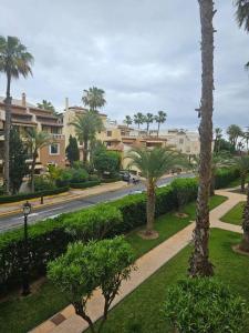 vistas a una calle con palmeras y edificios en First line sea apartments, en Torrevieja