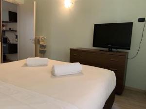 Un dormitorio con una cama y un televisor sobre una cómoda. en Borgo San Silvestro 9, en Parma 12 fotos más
