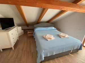 Un dormitorio con una cama azul y un televisor. en Casa Vacanze vista mare a Castellabate, en Castellabate