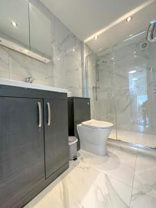 a bathroom with a toilet and a glass shower at Parkway residences in London