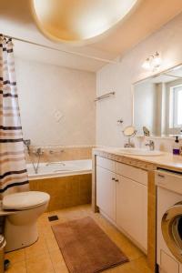 een badkamer met een toilet, een wastafel en een spiegel bij Pantheon Penthouse, Athens Riviera in Athene